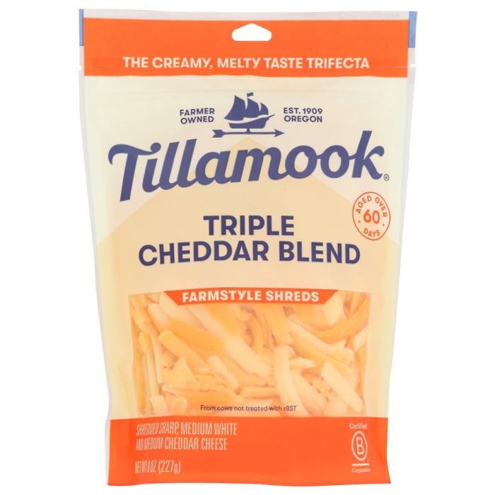 TILLAMOOK: Triple Cheddar Blend Thick Cut Farmstyle Shreds, 8 oz