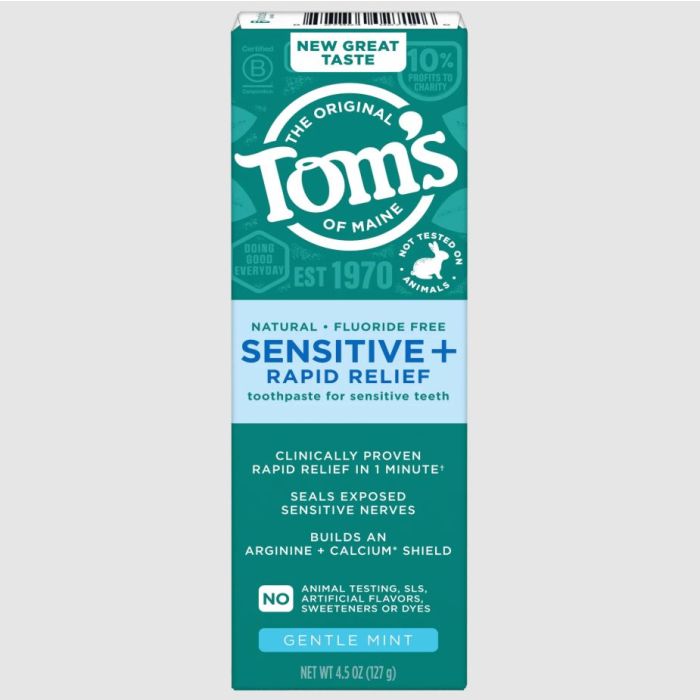 TOMS OF MAINE: Fluoride Free Rapid Relief Sensitive Gentle Mint Natural Toothpaste, 4.5 oz