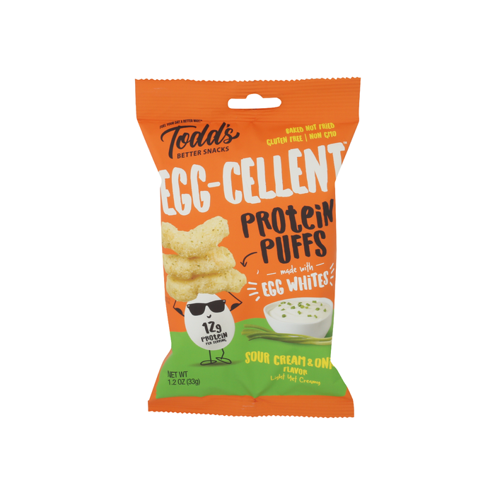 TODDS BETTER SNACKS: Sour Cream and Onion Eggcellent Protein Puffs, 33 gm