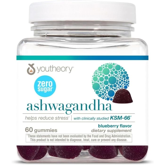 YOUTHEORY: Ashwagandha Zero Sugar Gummy Blueberry, 60 pc