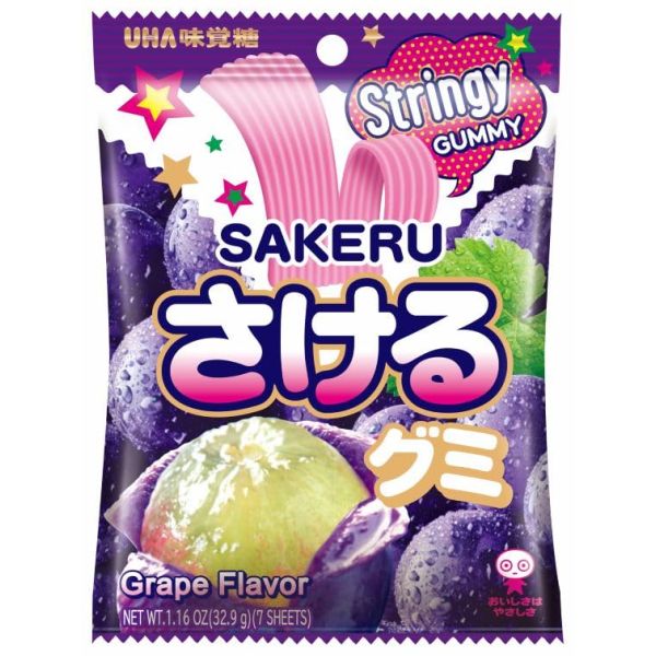 UHA MIKAKUTO: Sakeru Stringy Gummy Grape, 1.16 oz