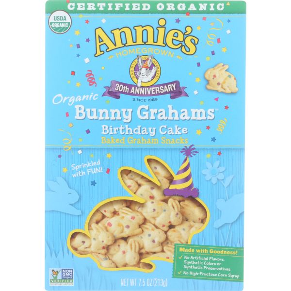 ANNIES HOMEGROWN: Organic Birthday Cake Bunny Grahams Snack, 7.5 oz