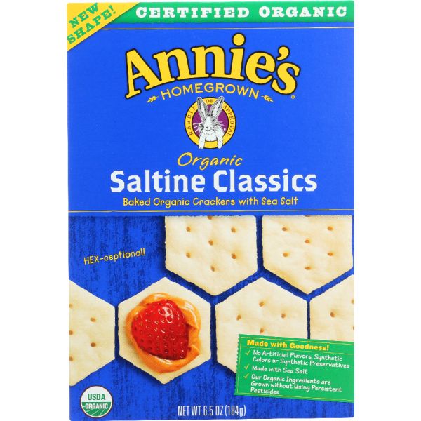 ANNIE'S HOMEGROWN: Organic Saltine Classics Baked Organic Crackers with Sea Salt, 6.5 oz