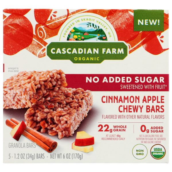 CASCADIAN FARM: Cinnamon Apple Granola Bars No Sugar Added, 6 oz