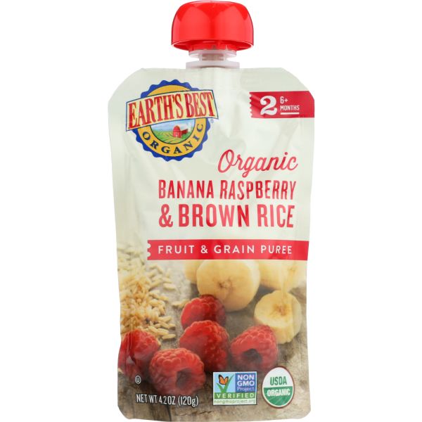 EARTHS BEST: Organic Fruit & Grain Puree Banana Raspberry Brown Rice, 4.2 Oz