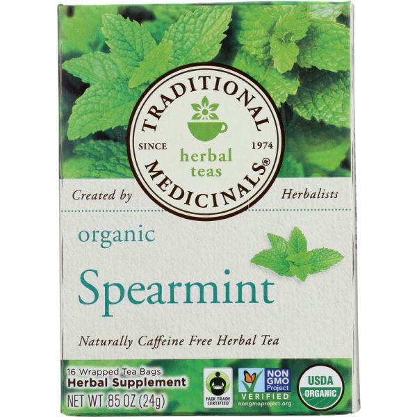 TRADITIONAL MEDICINALS: Organic Spearmint Caffeine Free Herbal Tea 16 Tea Bags, 0.85 oz