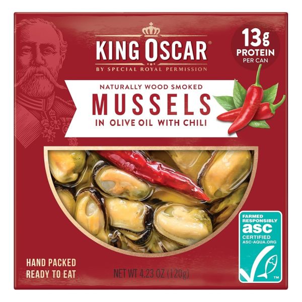 KING OSCAR: Smoked Mussels in Olive Oil  with Chili, 4.23 oz