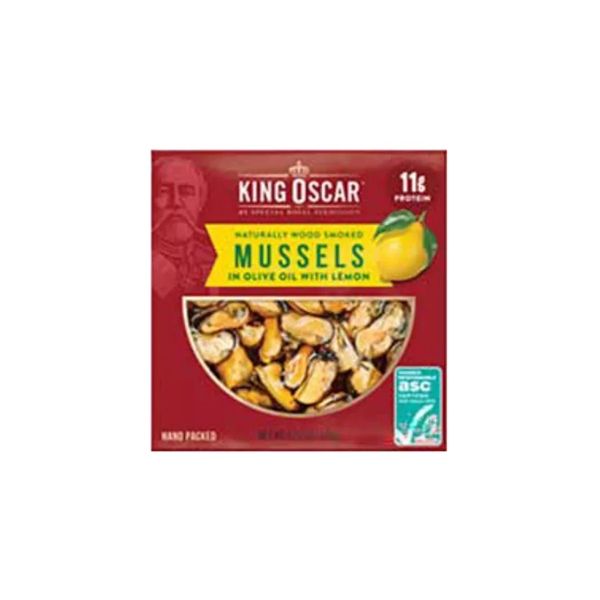 KING OSCAR: Smoked Mussels in Olive Oil  with Lemon, 4.23 oz