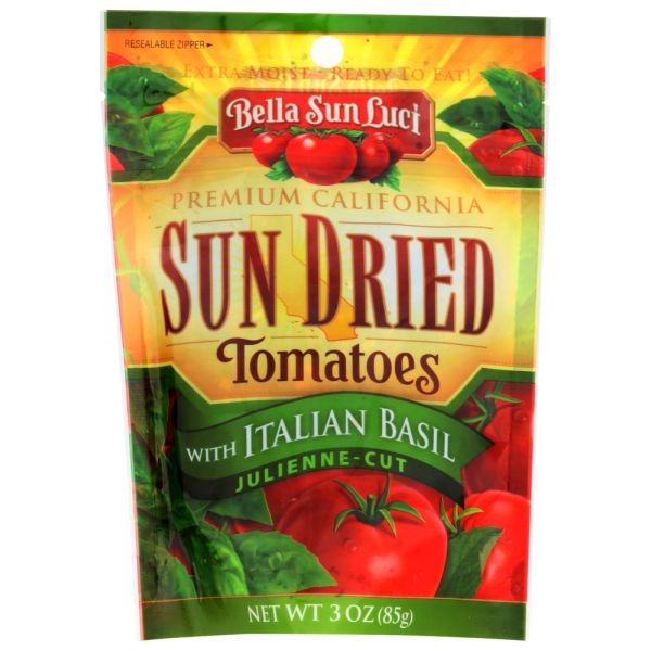 BELLA SUN LUCI: Sun Dried Tomatoes With Italian Basil Julienne Cut, 3 oz