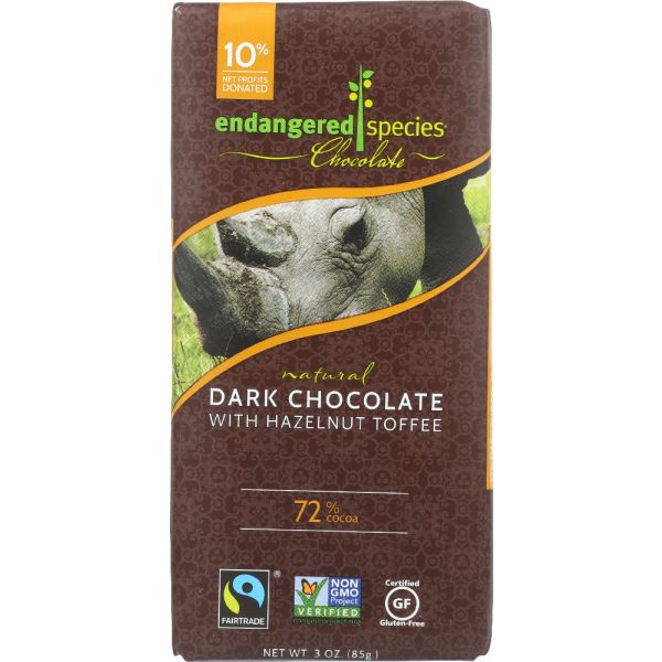 Endangered Species Natural Dark Chocolate Bar with Hazelnut Toffee, 3 Oz
