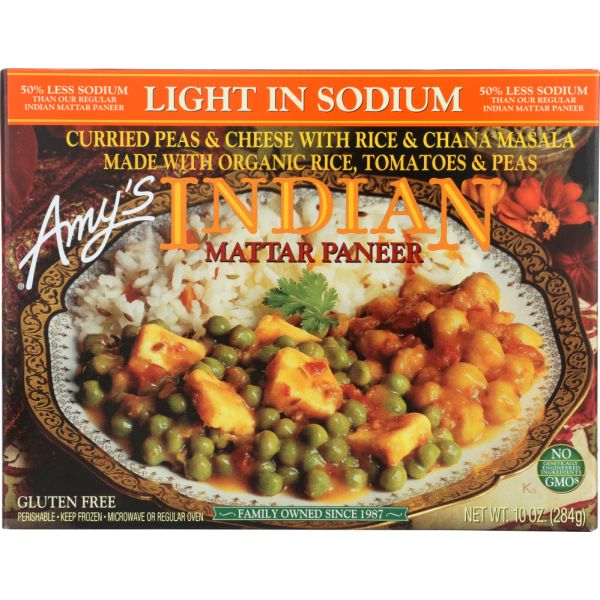 AMYS: Meal Indian Light in Sodium Mattar Paneer, 10 oz