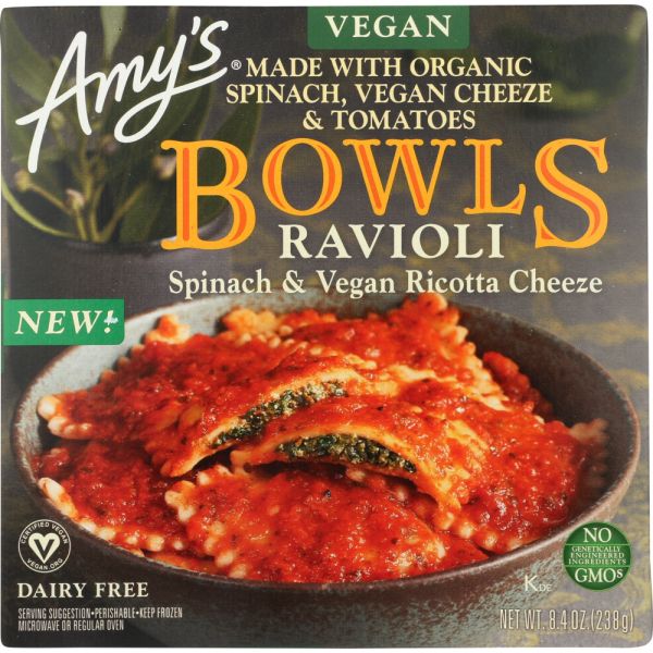 AMYS: Spinach and Vegan Ricotta Cheeze Ravioli Bowls, 8.40 oz