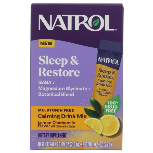 NATROL: Sleep and Restore Melatonin Free Calming Drink Mix Lemon Chamomile 10 packets, 0.9 oz