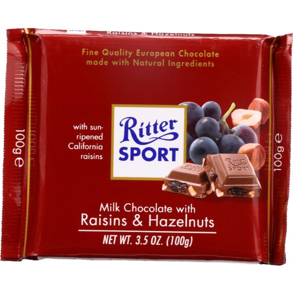 Ritter Sport Milk Chocolate with Raisins & Hazelnuts Bar, 3.5 Oz