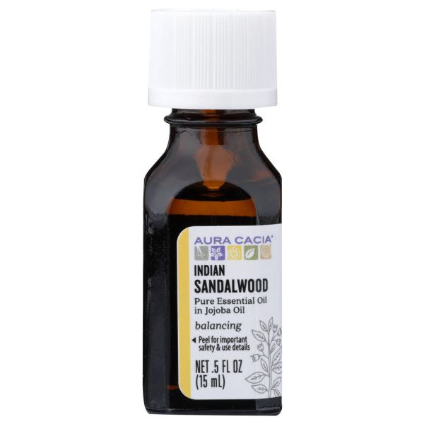 AURA CACIA: Indian Sandalwood Essential Oil in Jojoba Oil, 0.5 oz