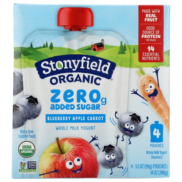STONYFIELD: Zero Sugar Organic Blueberry Apple Carrot Whole Milk Yogurt 4 Count, 14 oz
