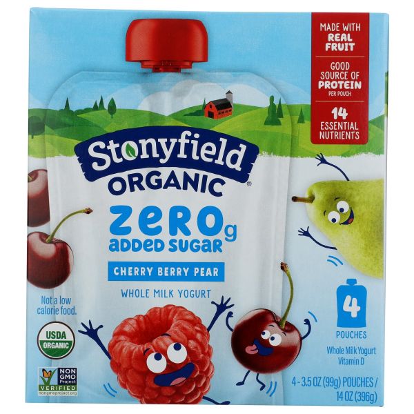 STONYFIELD: Zero Sugar Organic Cherry Berry Pear Whole Milk Yogurt 4 Count, 14 oz