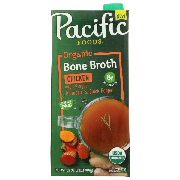 PACIFIC FOODS: Organic Chicken Bone Broth With Ginger, Turmeric, and Black Pepper, 32 oz