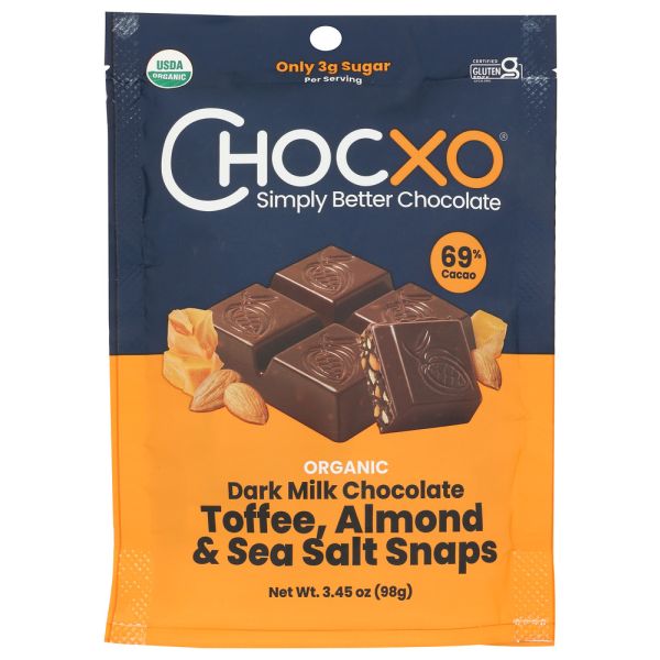 CHOCXO: Dark Milk Chocolate Toffee Almond and Sea Salt Snaps, 3.45 oz