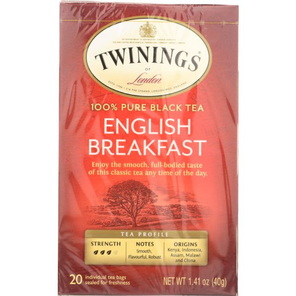 TWININGS OF LONDON: Classics English Breakfast Tea Medium Tea Strength 20 Tea Bags, 1.41 oz