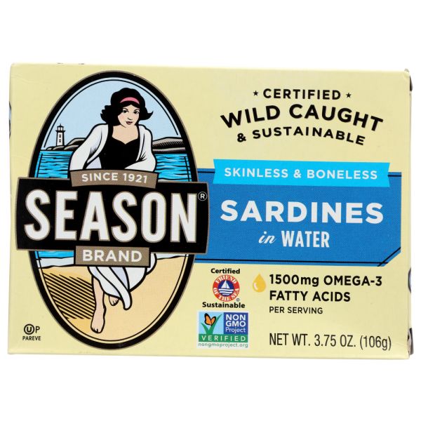 SEASONS: Sardines Skinless and Boneless in Water Salt Added, 3.75 oz