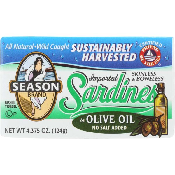 SEASONS: Skinless and Boneless Sardines In Pure Olive Oil No Salt Added, 4.375 oz