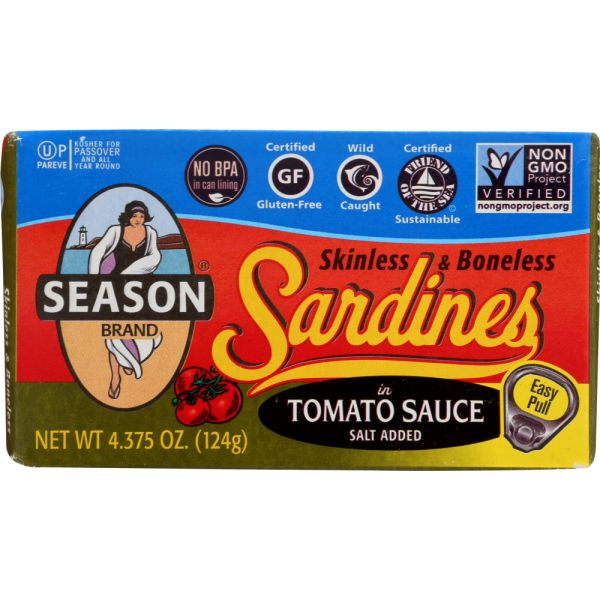 SEASONS: Sardines Skinless and Boneless in Tomato Sauce Salt Added, 4.375 oz