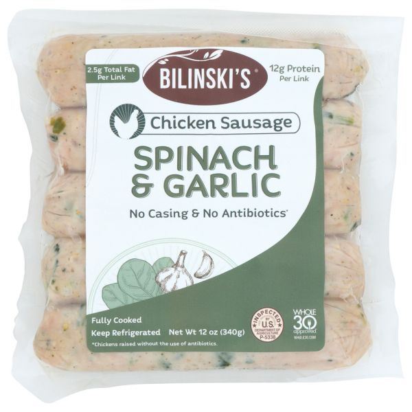 BILINSKIS: Spinach and Garlic with Fennel Chicken Sausage, 12 oz
