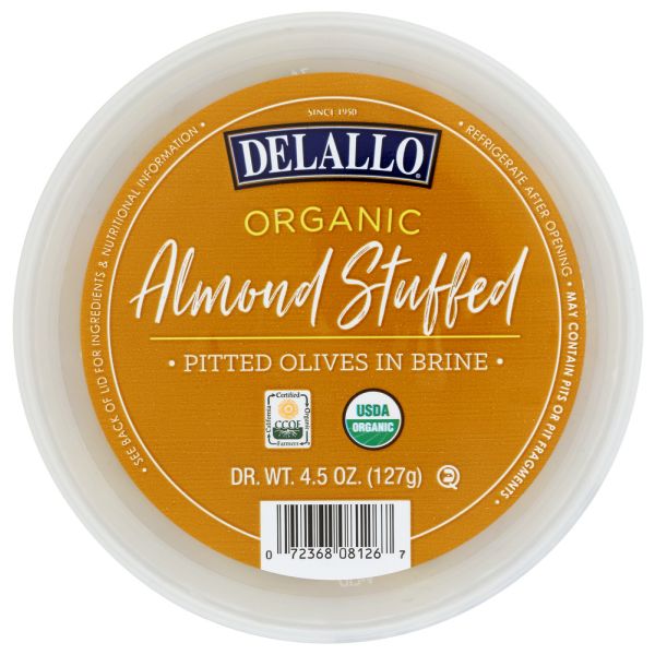 DELALLO: Organic Almond Stuff Pitted Olives In Brine, 4.5 oz