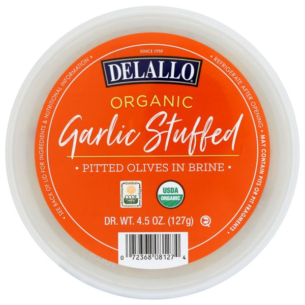 DELALLO: Organic Garlic Stuffed Pitted Olives In Brine, 4.5 oz