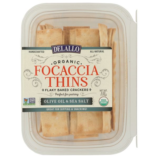 DELALLO: Olive Oil and Sea Salt Organic Focaccia Thins Crackers, 6 oz