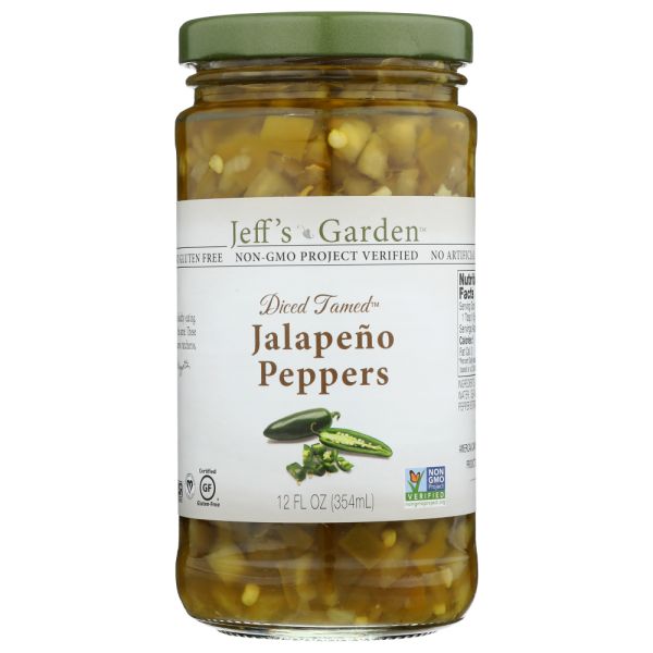 JEFFS GARDEN: Diced Tamed Jalapeño Peppers, 12 oz