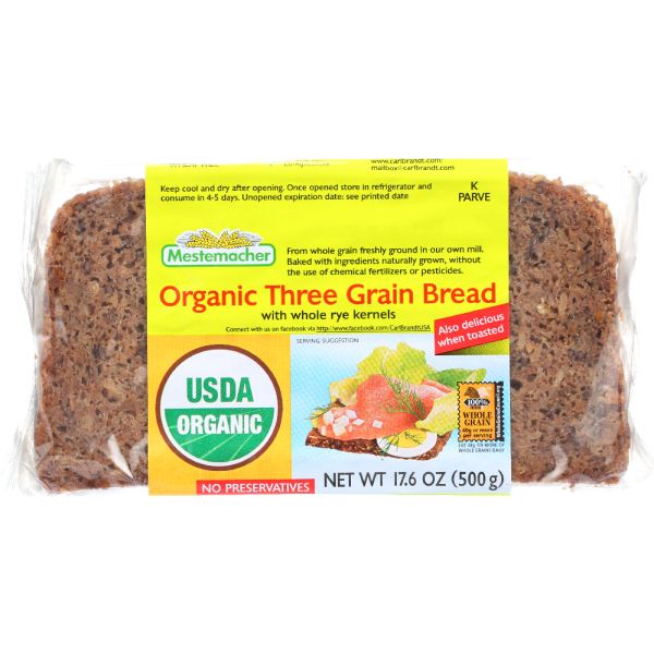 MESTEMACHER: Organic Three Grain Bread, 17.6 oz