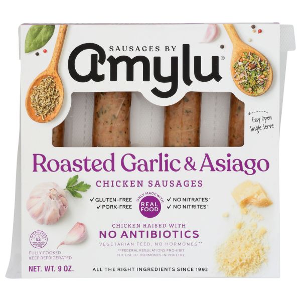 SAUSAGES BY AMYLU: Roasted Garlic & Asiago Chicken Sausage, 9 oz