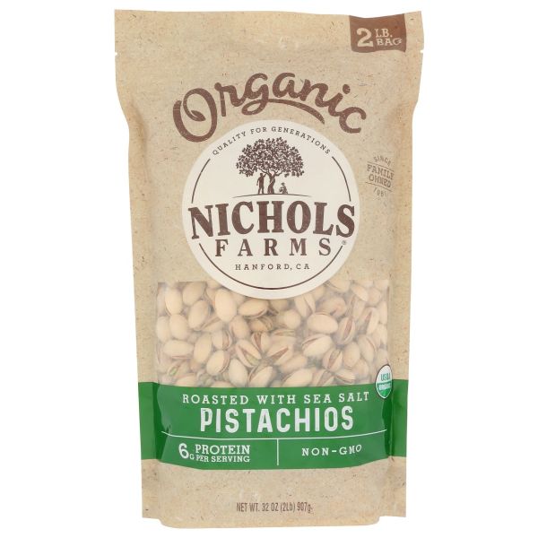 NICHOLS FARMS: In Shell Organic Roasted Pistachios with Sea Salt, 32 oz
