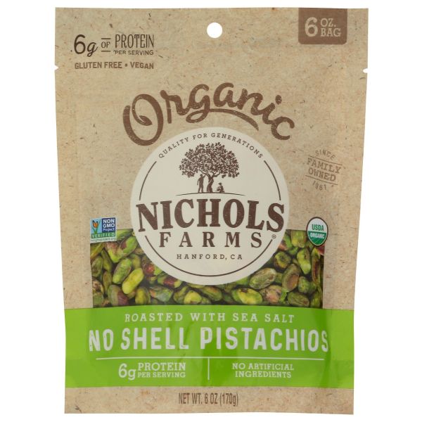 NICHOLS FARMS: No Shell Organic Pistachios Roasted With Sea Salt, 6 oz