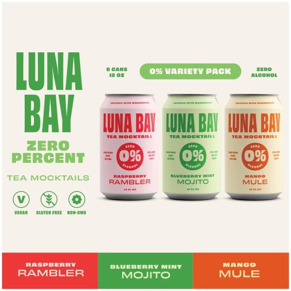 LUNA BAY: Zero Percent Tea Mocktails 6 Pack Variety Cans, 72 fo
