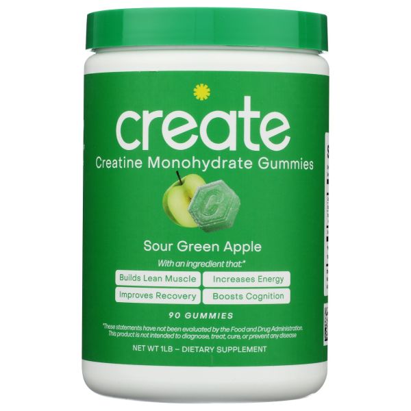 CREATE WELLNESS: Sour Green Apple Creatine Monohydrate Gummies, 90 pc