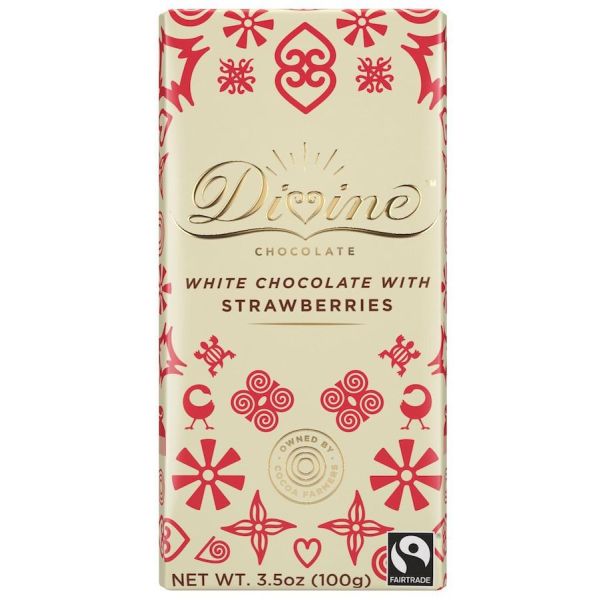 DIVINE CHOCOLATE: White Chocolate Bar with Strawberries, 3.5 oz