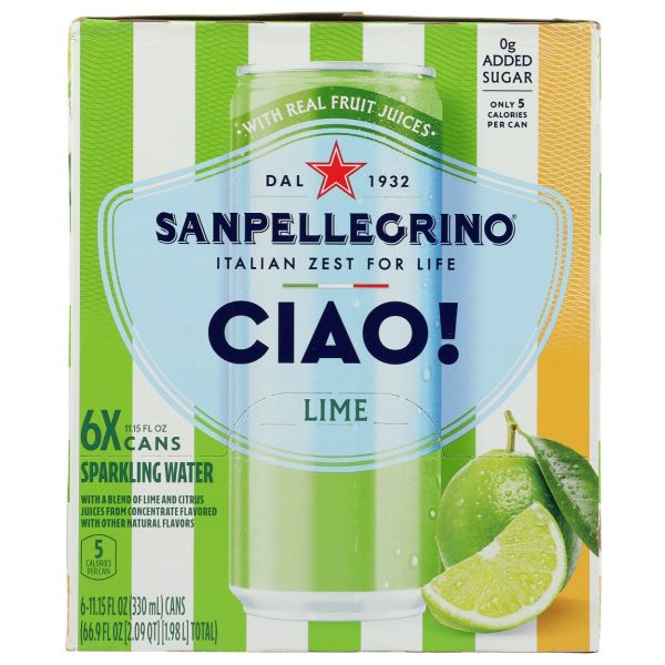 SAN PELLEGRINO: Ciao! Lime Flavored Sparkling Water 6 Cans, 66.9 fo