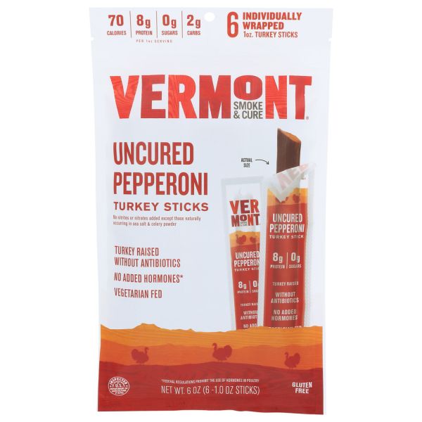 VERMONT SMOKE: Uncured Pepperoni Turkey Sticks 6Ct, 6 oz