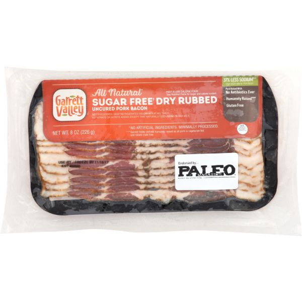 GARRETT VALLEY: Sugar Free Dry Rubbed Uncured Pork Bacon, 8 oz