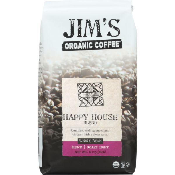 JIMS ORGANIC COFFEE: Organic Happy House Blend Whole Bean Coffee, 12 oz