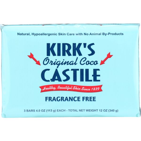 KIRKS: Original Coco Castile Bar Soap Fragrance Free 3x4oz Bars, 12 oz