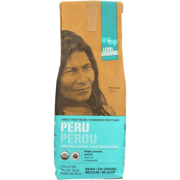 LEVEL GROUND COFFEE: Coffee Whole Bean Peru Medium Organic, 16 oz
