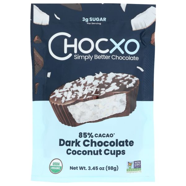 CHOCXO: Cup 85 Percent Dark Chocolate Coconut, 3.45oz