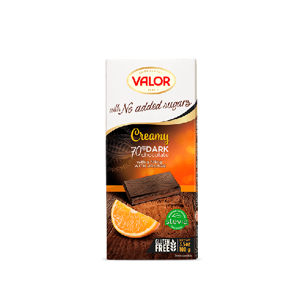 VALOR: 70% Dark Chocolate with Orange Creamy No Sugar Added, 3.5 oz