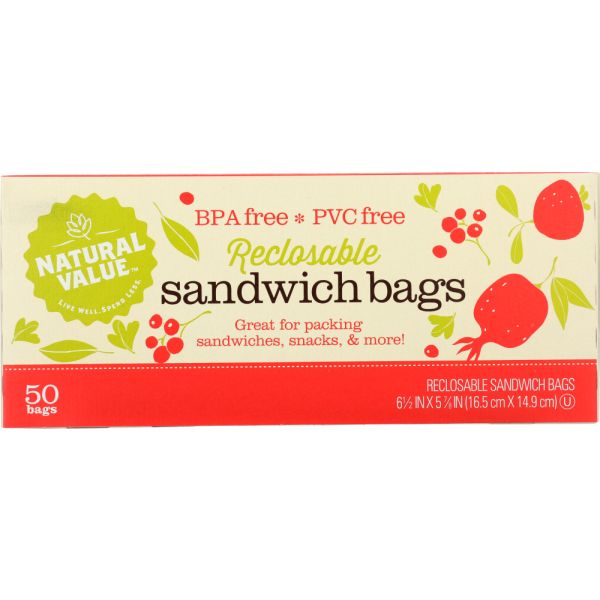 NATURAL VALUE: Sandwich Bag Reclosable 50 Bags, 1 ea