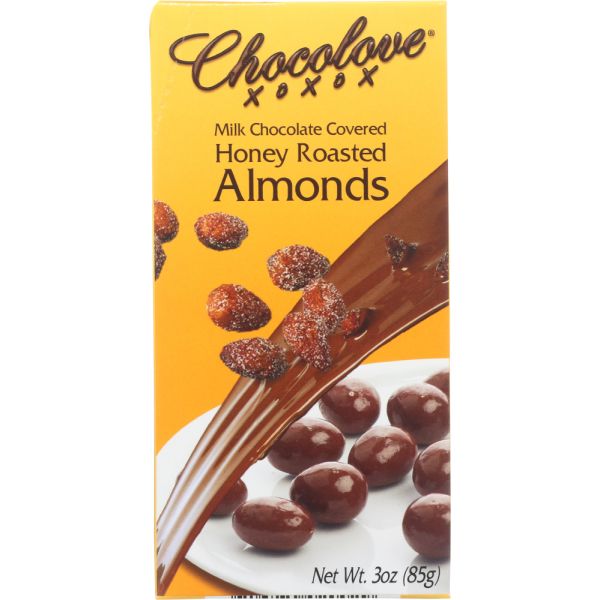 CHOVOLOVE: Milk Chocolate Covered Honey Roasted Almonds, 3 oz