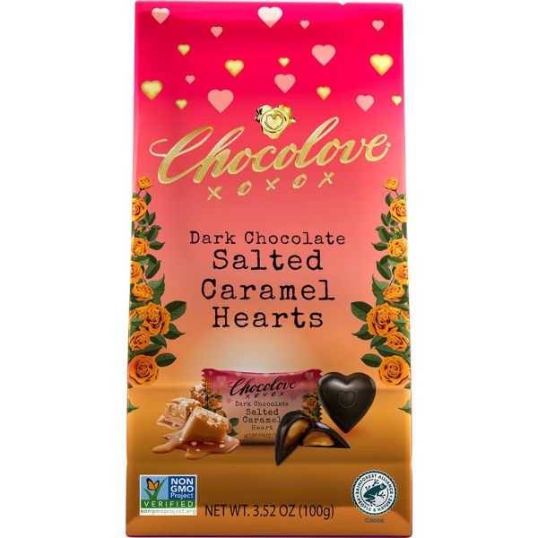 CHOCOLOVE: Salted Caramel Hearts in Dark Chocolate, 3.52 oz